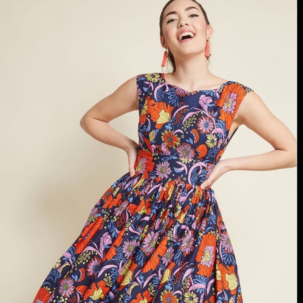Modcloth Fabulous Fit and Flare Vintage Dress With Pockets in Navy Floral